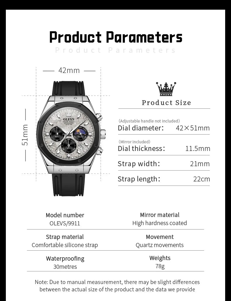 OLEVS 9911 Man Quartz Watch Big Dial Chronograph Watch For Men Moonswatch Date Fashion Waterproof Male Hand Clock Silicone Strap