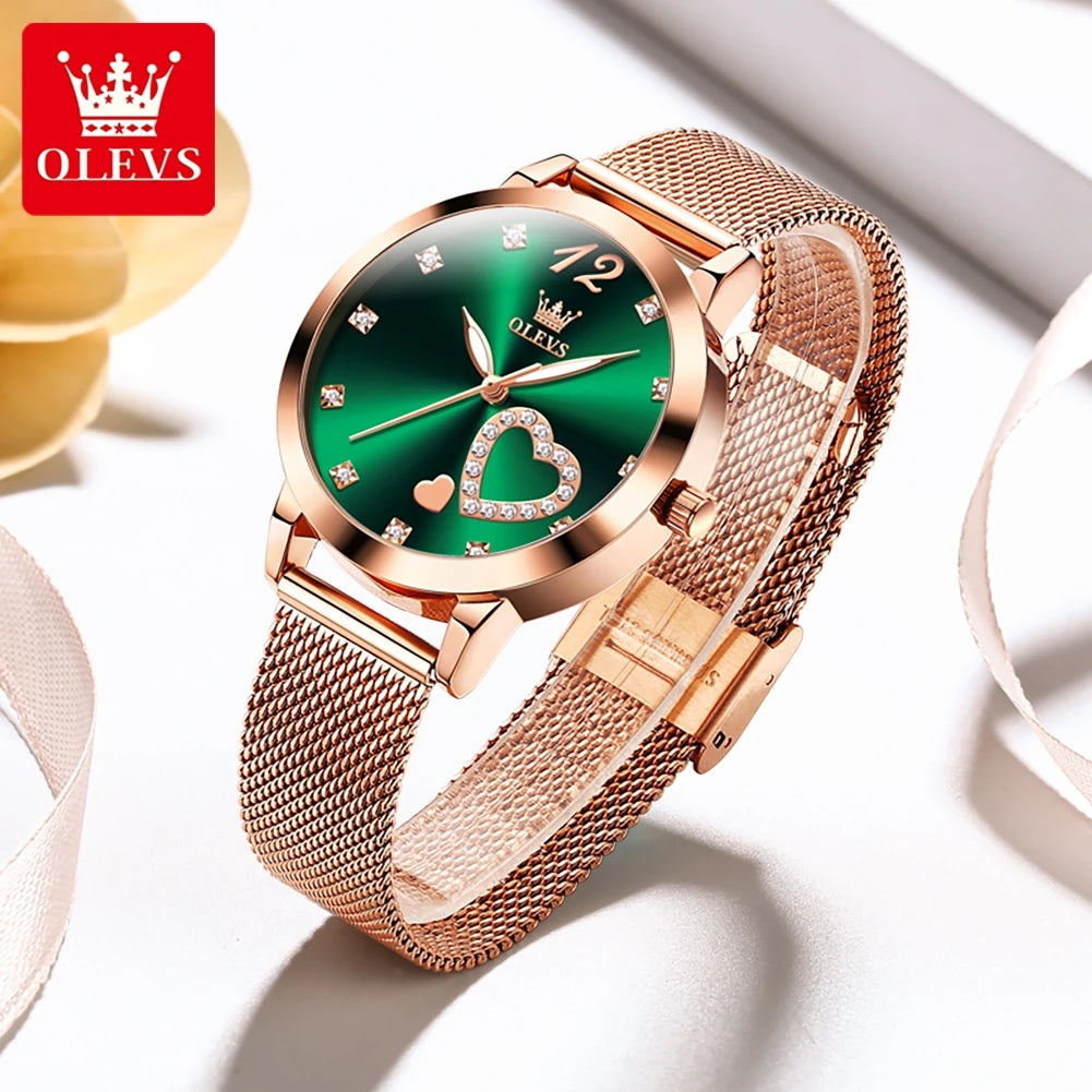 OLEVS 5189 Damenuhr Luxus Ultr dünne Quarzuhr Damen Mesh-Stahlarmband Herzförmiges Zifferblatt Wasserdichte Damenuhr