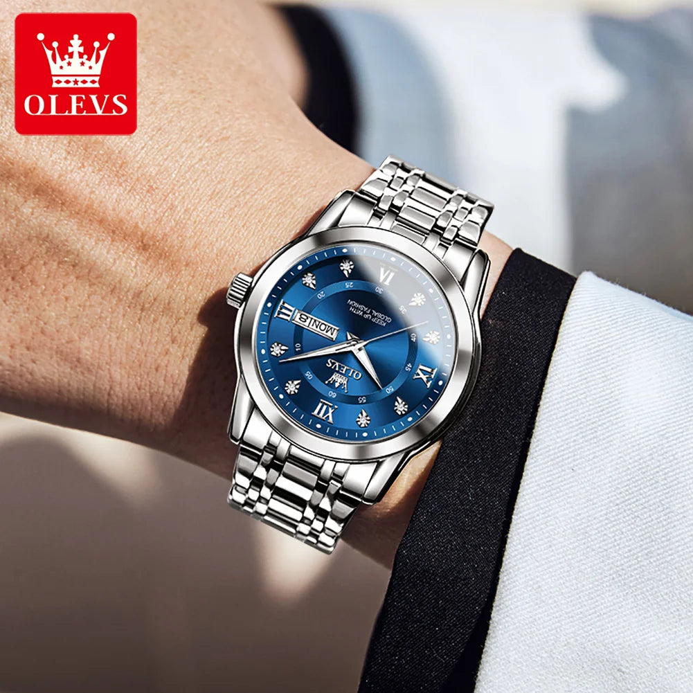 OLEVS 5513 Armbanduhr Herren Dual-Kalender Mode Quarzuhr Für Männer Diamant-Skala Edelstahl Luxus Herren Armbanduhr Wasserdicht