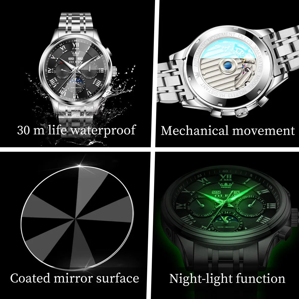 OLEVS 7113 Man Watch Luxury Moon Phase Mechanical Watches For Men Waterproof Automatic Date Week Watch Hand Clock Gifts Box