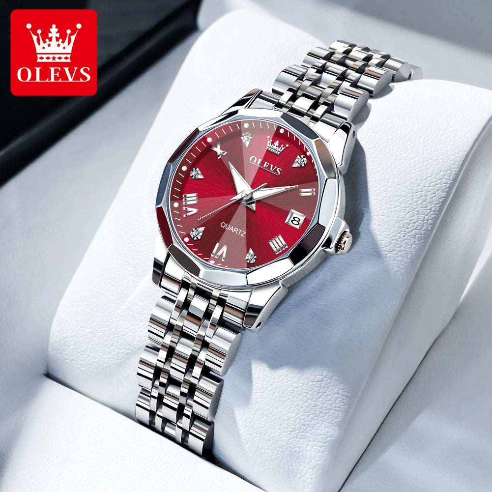 OLEVS 9931 Original Quartz Watches For Woman Rhombus Mirror Waterproof Luminous Stainless Steel Wrist Watches Calendar New