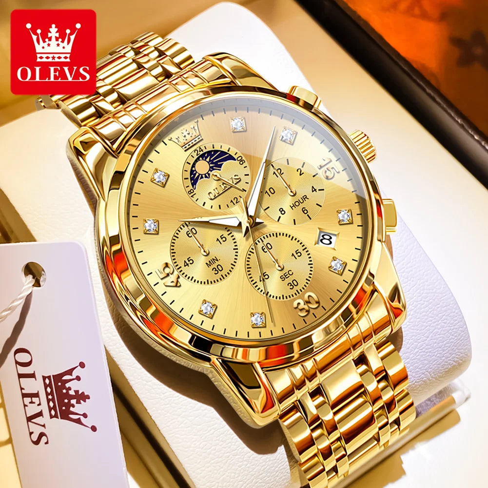 OLEVS 3652 Herrenuhr Ziffernskala Quarzuhr für Herren Chronograph Mondphase Datum Luxus Wasserdicht Leuchtende Herrenarmbanduhr