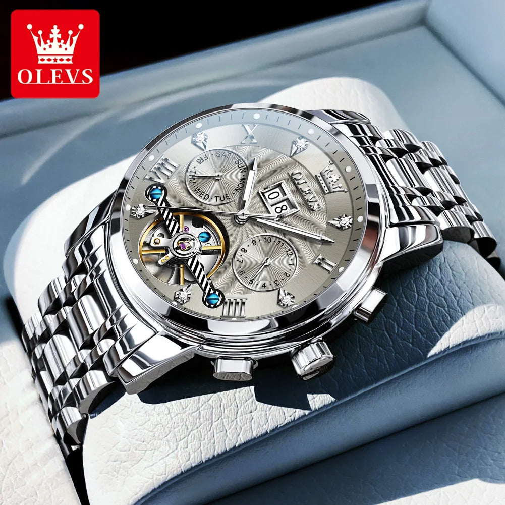 OLEVS 9910 Man Watch Luxury Business Mechanical Watch For Men Hollow Roman Scale Waterproof Luminous Calendar Men's Hand Clock