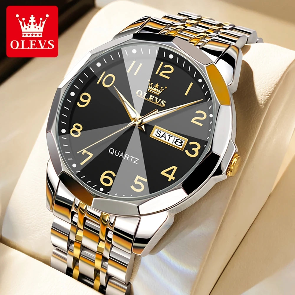 OLEVS 9970 Couple Watch For Men Women Luxury Number Dial Rhombus Mirror Quartz Hand Clock Stainless Steel Original Dress Watches