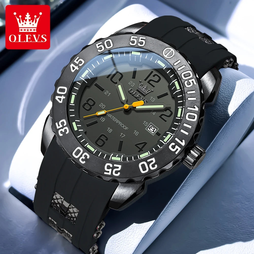 OLEVS 3688 Neue Herrenuhr Wasserdichte Quarzuhr für Herren Hochhärte-Spiegel Leuchtende Original Herren-Armbanduhr Silikonarmband