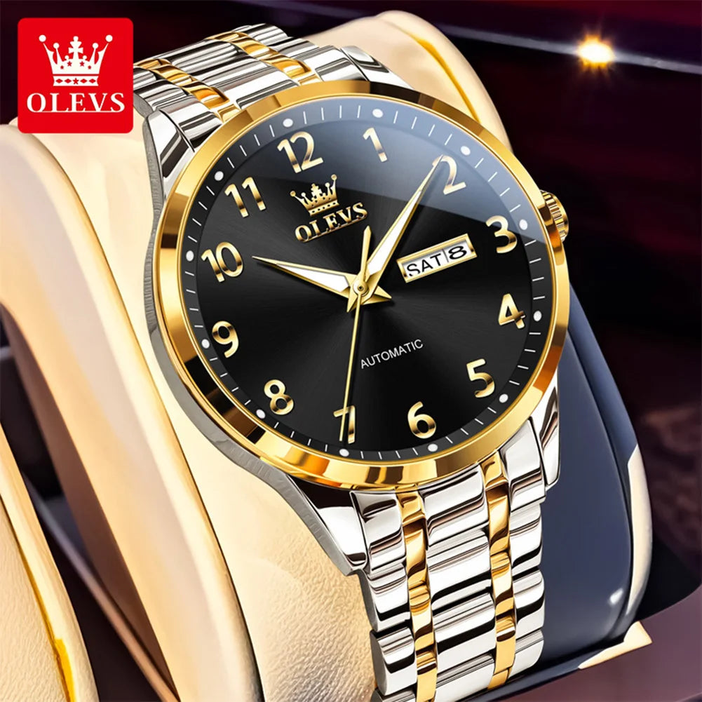OLEVS 7078 Man Automatic Watch Top Brand Dual Calendar Mechanical Watch For Men Number Scale Business Hand Clock Steel Strap