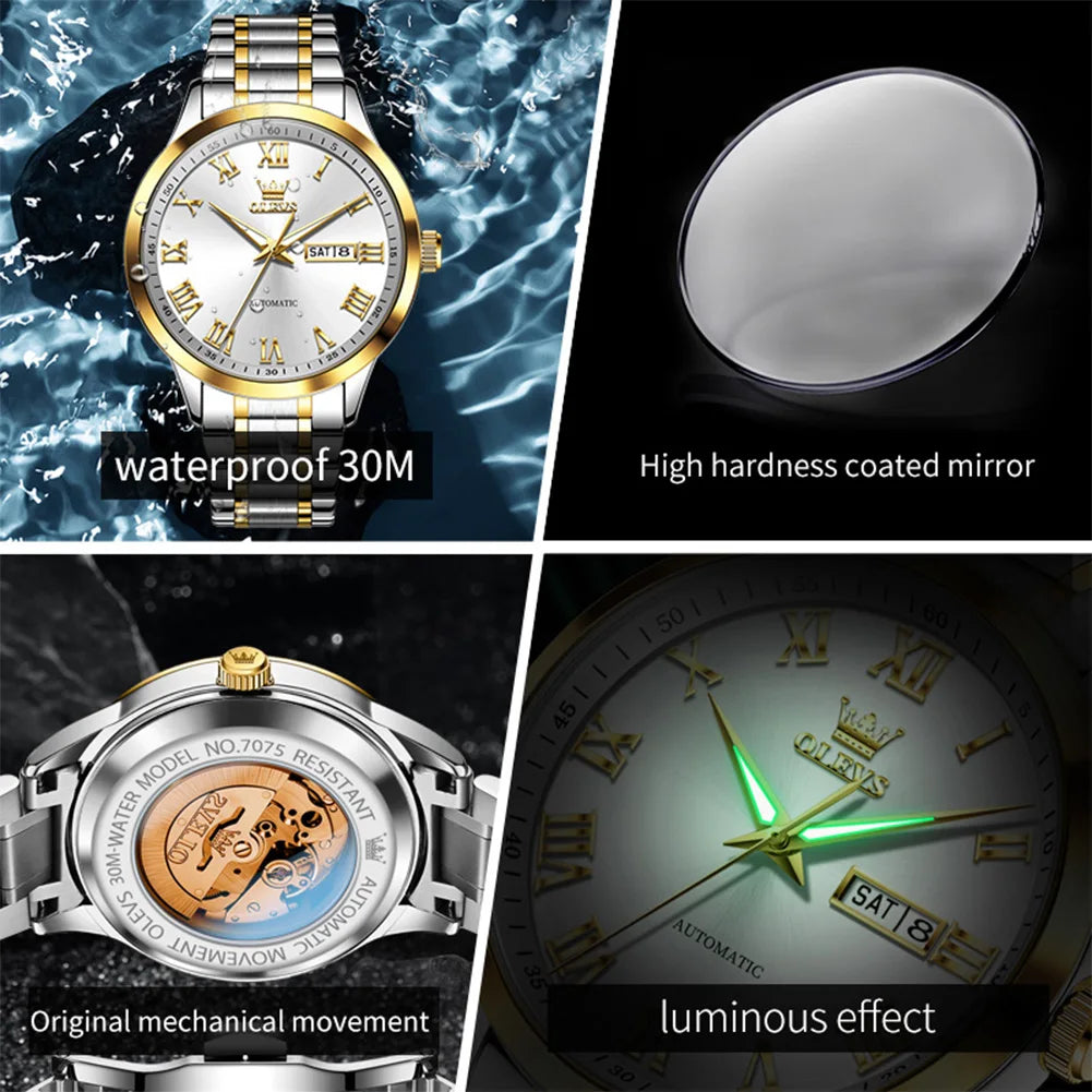 OLEVS 7075 Watches For Man Luxury Original Mechanical Watch For Men Week Calendar Waterproof Automatic Hand Clock Steel Strap