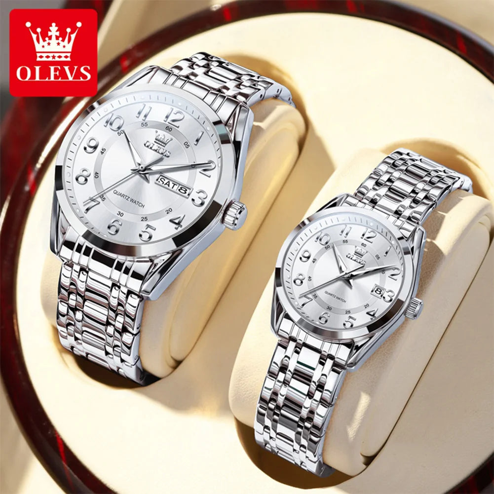 OLEVS 3666 Paar Uhr Luxus Business Top Marke Wasserdicht Leuchtende Dress Handuhr Original Zahlenskala Datum Modeuhr