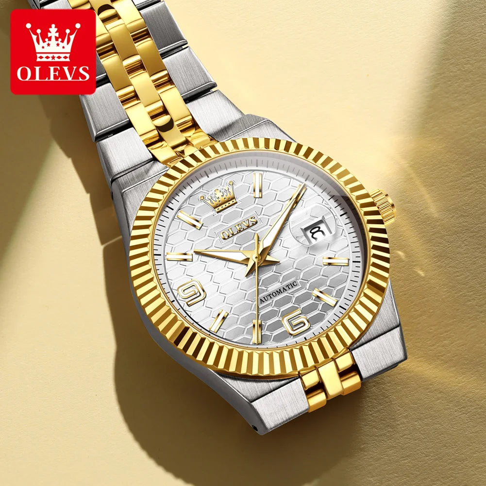 OLEVS 7105 Mens Watch Original Luxury Automatic Mechanical Watches Stainless Steel Waterproof Luminous Date Watches Gifts Box