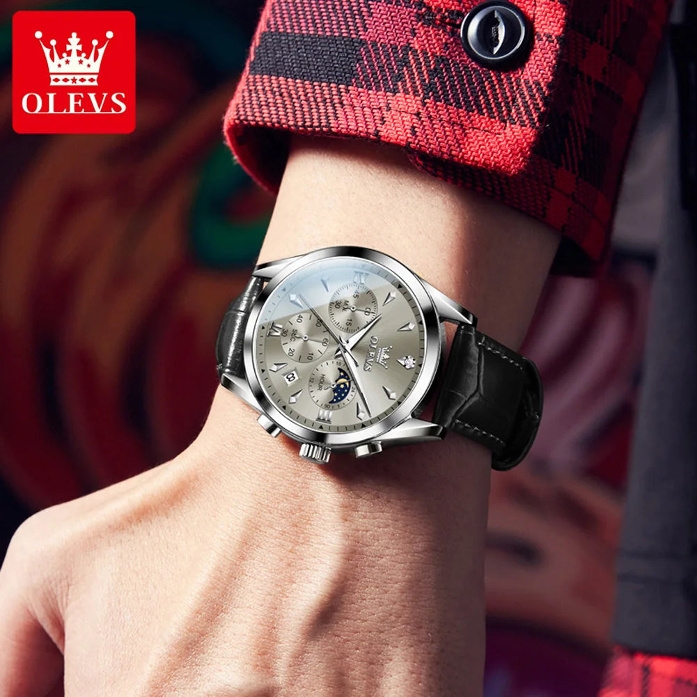 OLEVS 3609 Armbanduhr für Herren, modisch, Kalender, wasserdicht, leuchtend, für Herren, Chronograph, Mondphase, Quarz, Business-Herrenuhren