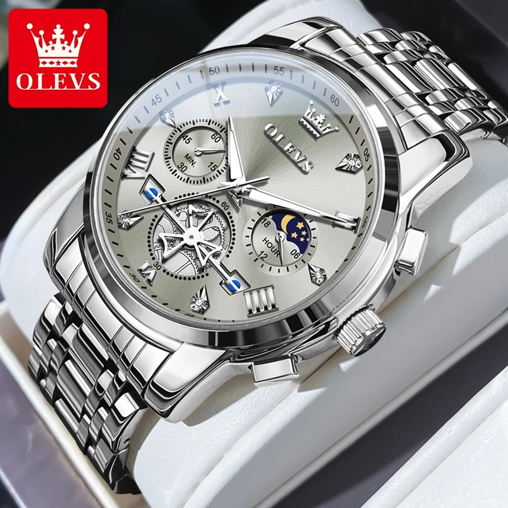 OLEVS 42mm Herrenuhr mit großem Zifferblatt, Mondphase, 24-Stunden-Anzeige, wasserdichte Quarz-Herrenarmbanduhr, Original Luxus Armbanduhr 2856