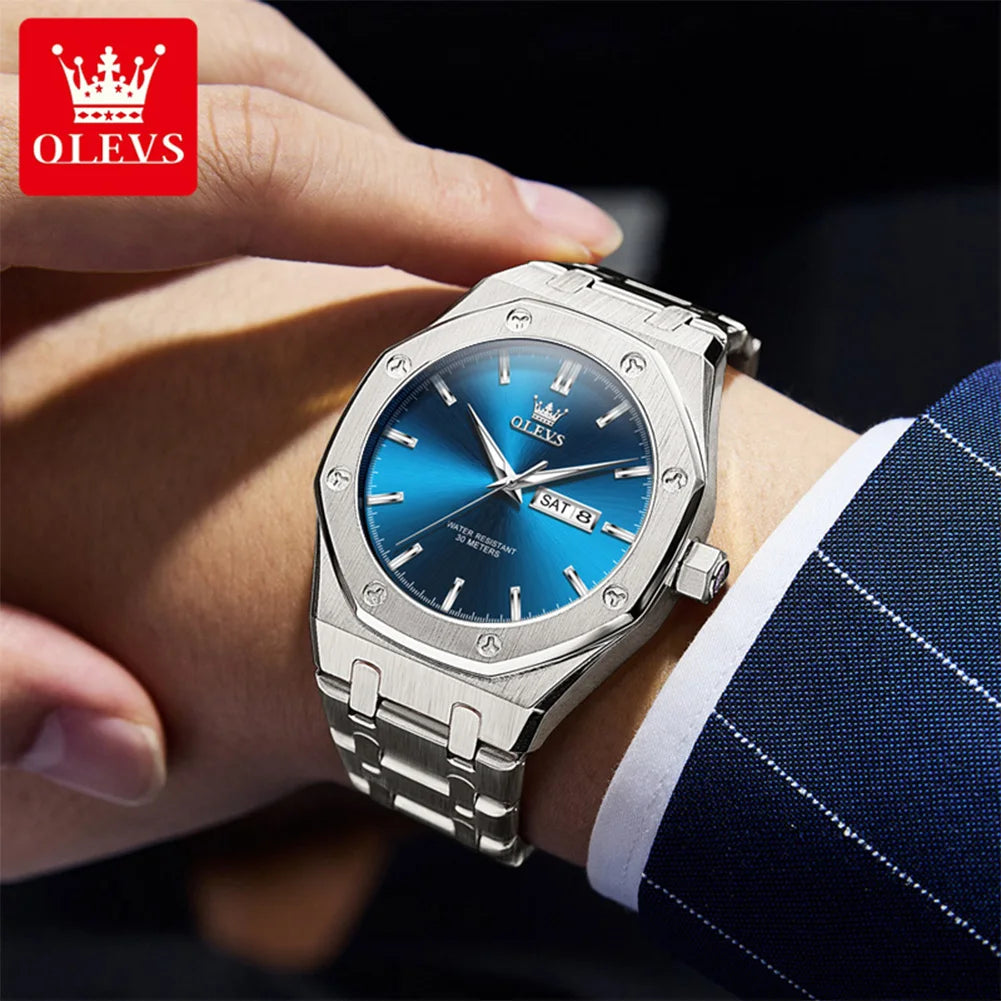 OLEVS 3726 Herrenuhr Chronograph Datum Wochentag Quarzuhren für Herren Edelstahl Luxus-Armbanduhr Wasserdicht Leuchtend Reloj