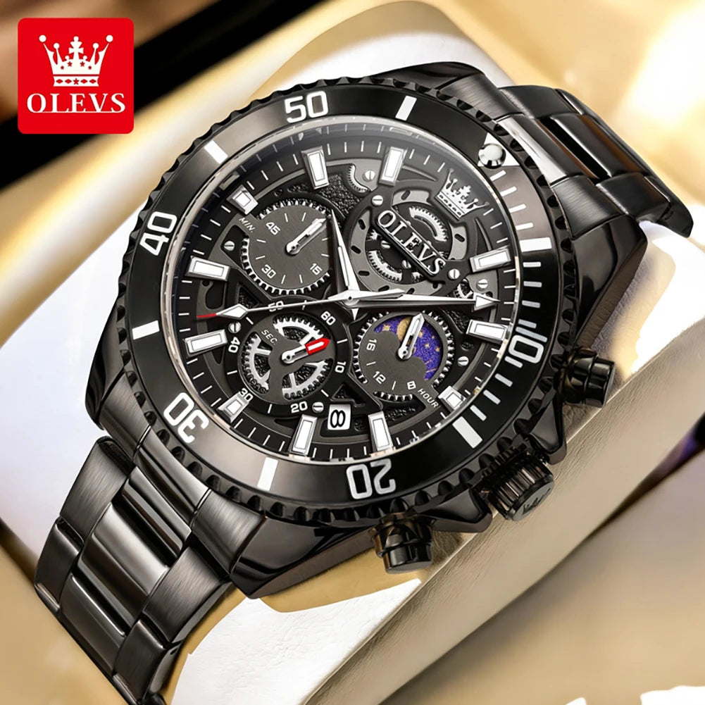 OLEVS 2990 Neue Taucheruhr Quarz Herrenuhr Chronograph Mondphase Wasserdicht Leuchtende Edelstahlarmband Sportuhren für Herren