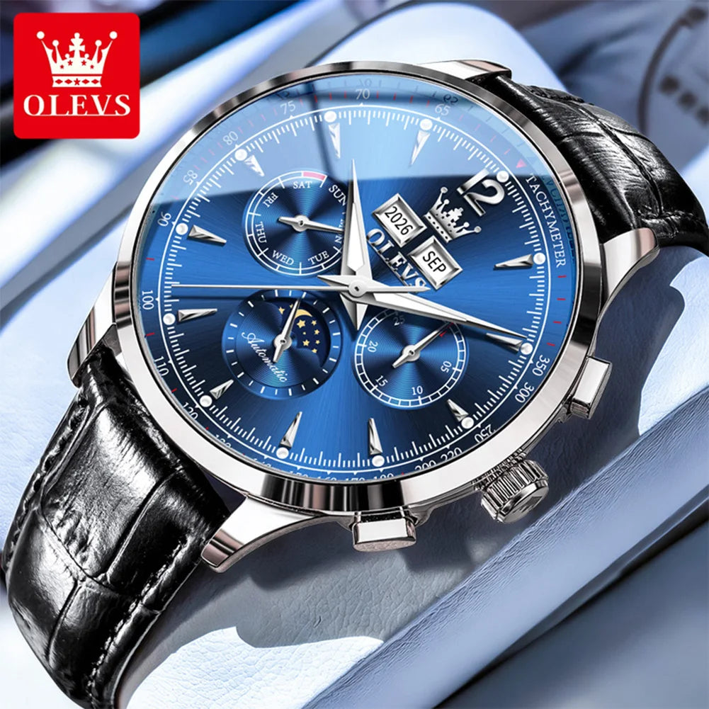 OLEVS 7128 Men's Watch Luxury Classic Automatic Mechanical Wristwatch Waterproof Perpetual Calendar Moon Phase Watches For Men