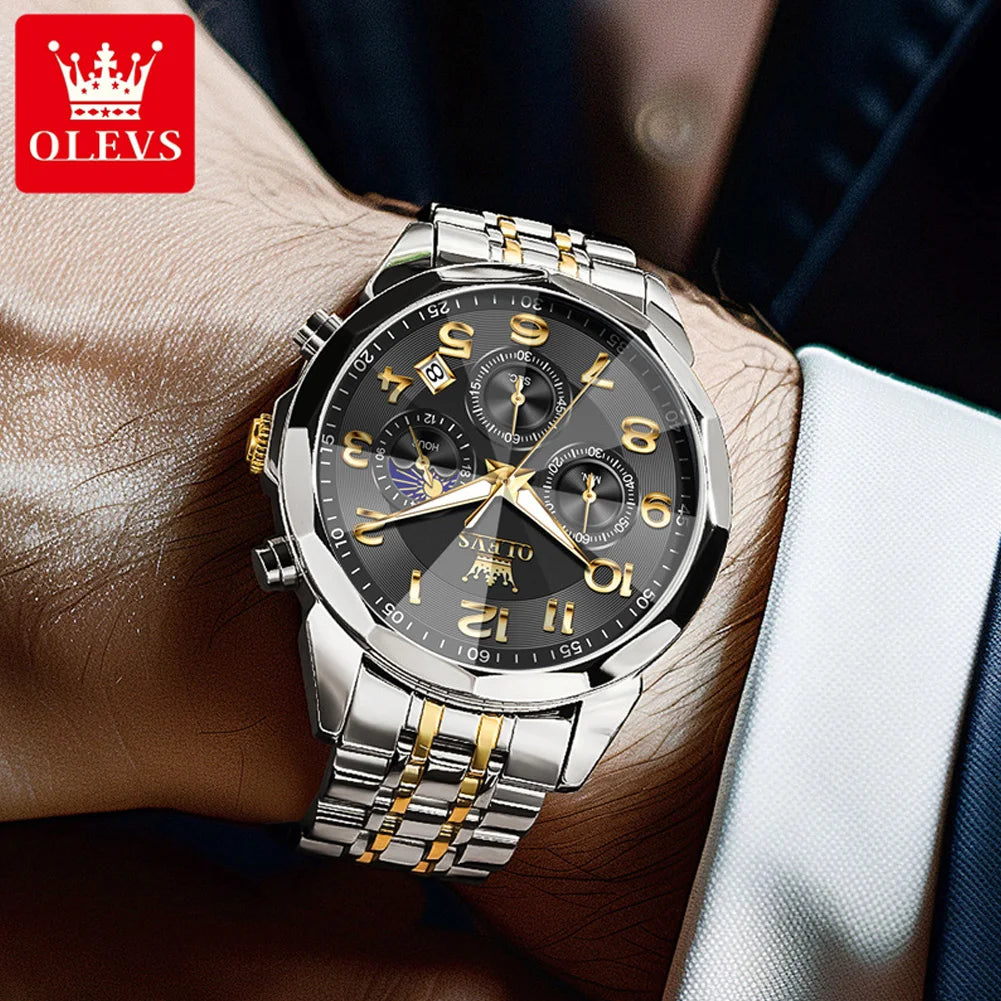 OLEVS 3676 Herrenuhr Top Marke Ziffernskala Quarzuhr für Herren 43mm Großes Zifferblatt Chronograph Wasserdicht Mode Herrenarmbanduhr
