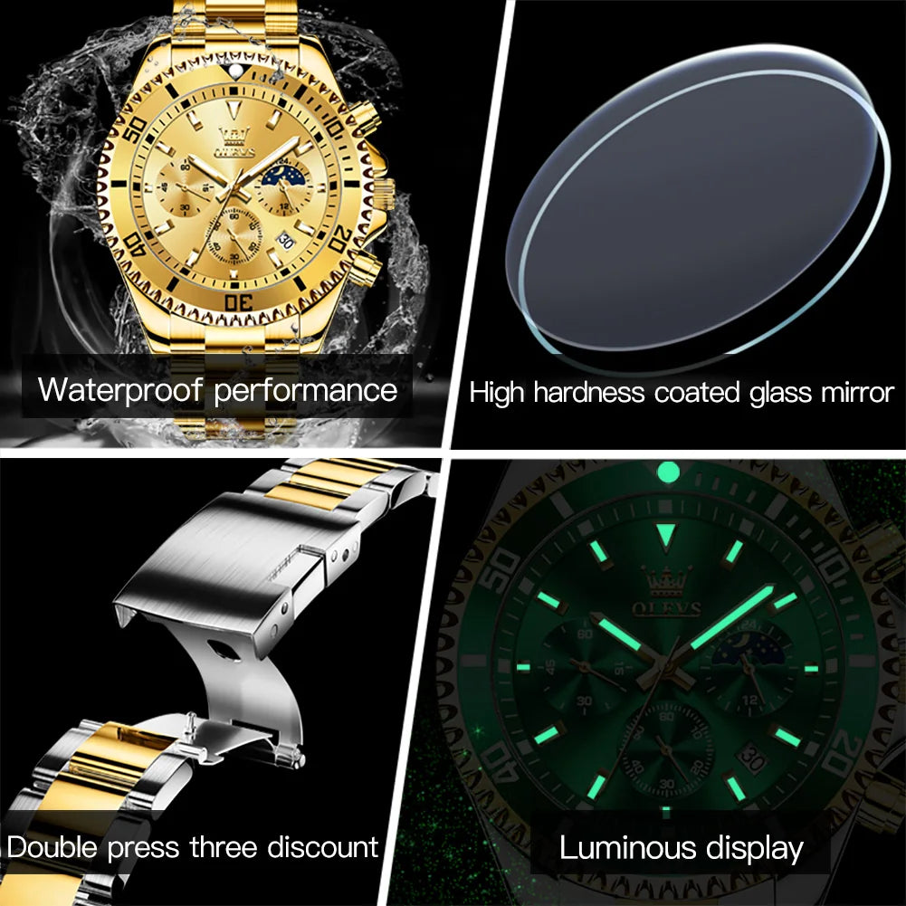OLEVS 2870 Herrenuhr 42,5 mm großes Zifferblatt Chronograph Mondphase Wasserdichte Sportuhr Original Mode Quarzarmbanduhr für Herren 2025