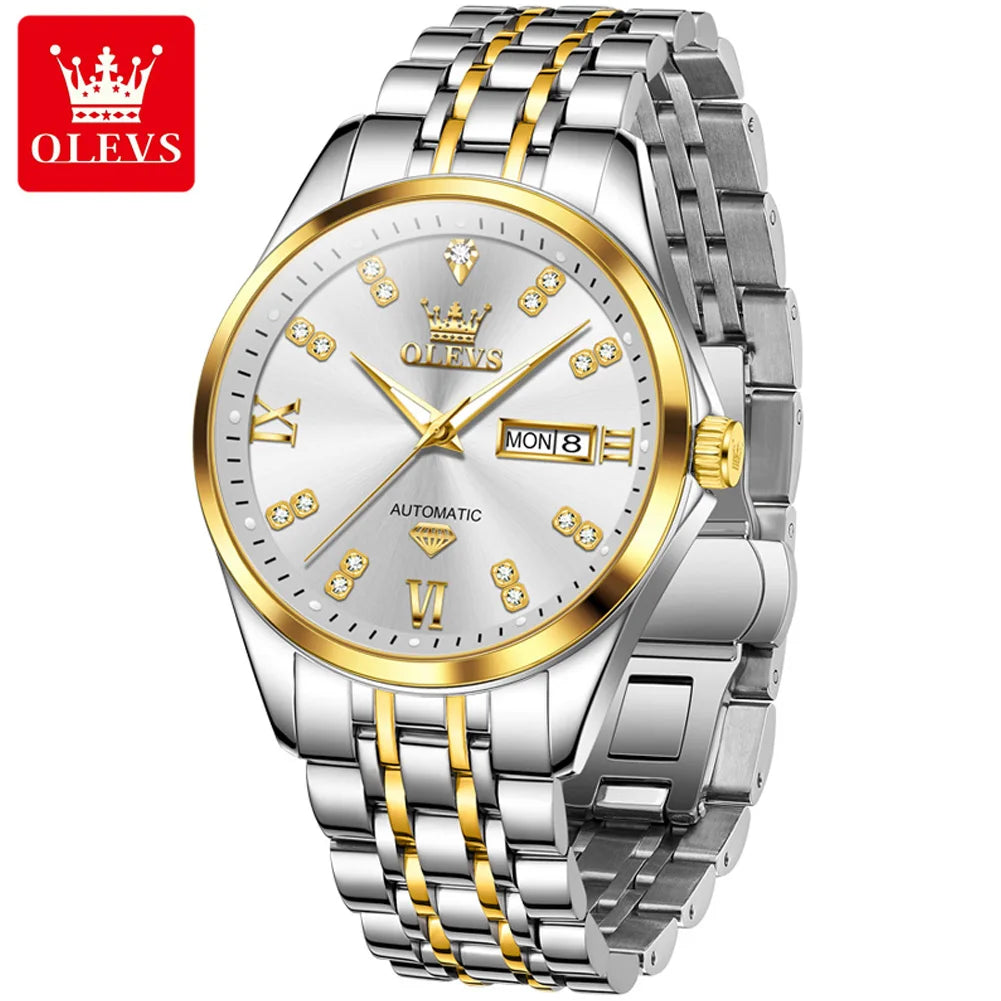OLEVS 9801 Men Watch Waterproof Dual Calendar Luxury Mechanical Watch For Men Diamond Scale Stainless Steel Automatic Hand Clock