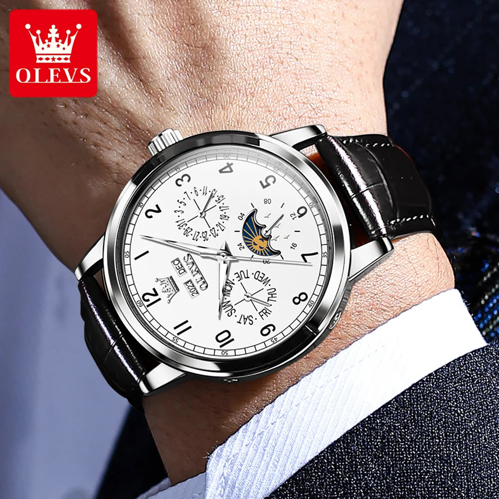 OLEVS 6698 Men Automatic Watch Number Scale Moon Phase Mechanical Watch For Men 42mm Big Dial Waterproof Leather Male Hand Clock