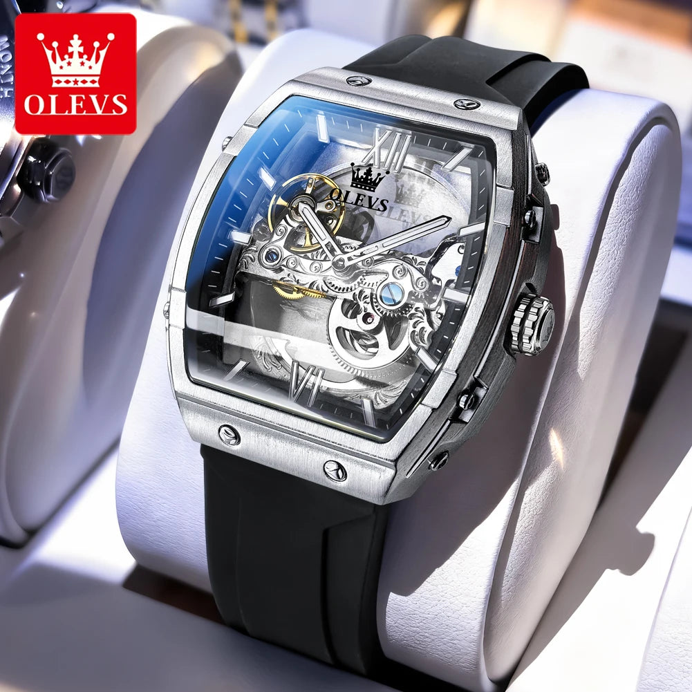 OLEVS 6779 Man Watch Skeleton Luxury Tonneau Mechanical Watches For Men Waterproof Silicone Strap Automatic Hand Clock Gifts Box