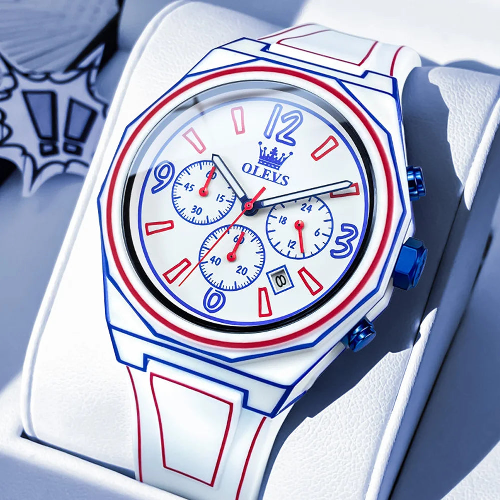 OLEVS 5622 Comic Style Quartz Watch For Men Chronograph Waterproof Luminous Hand Clock Number Scale Date Silicone Man Watches