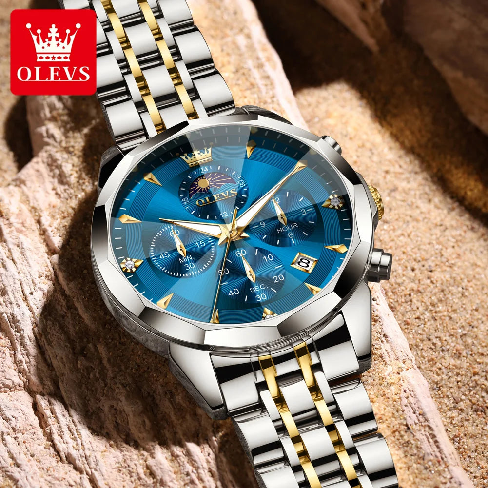 OLEVS 3673 Herrenuhr Mode Chronograph Quarzuhr für Herren 43mm großes Zifferblatt Mondphase Kalender Wasserdicht Original Armbanduhr