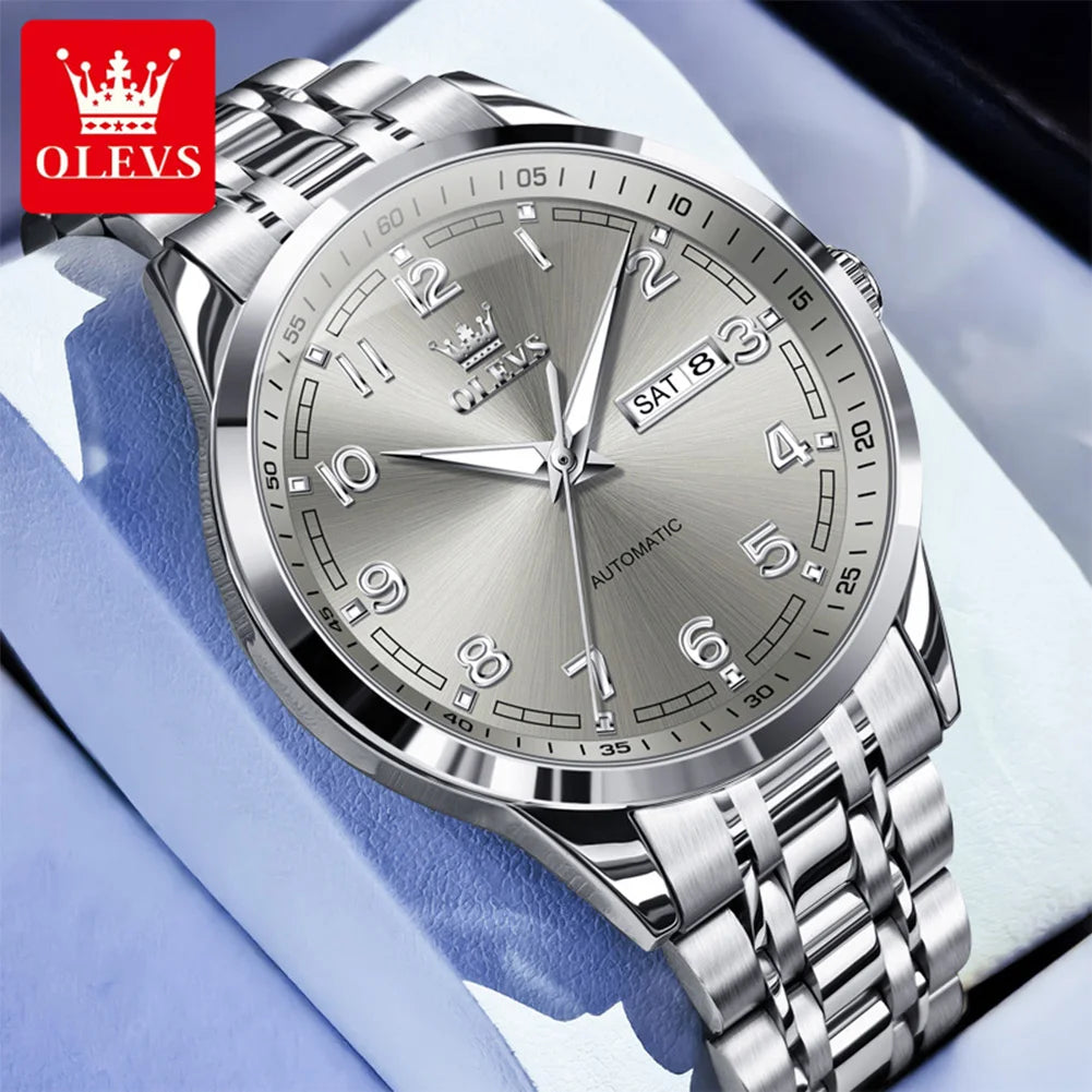 OLEVS 7077 Man Automatic Watch Fashion Date Mechanical Male Hand Clock Number Scale Luxury Waterproof Luminous Watch For Men