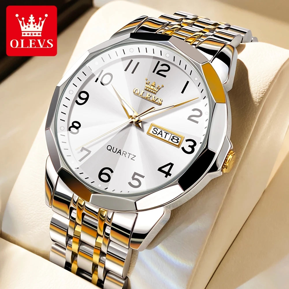OLEVS 9970 Couple Watch For Men Women Luxury Number Dial Rhombus Mirror Quartz Hand Clock Stainless Steel Original Dress Watches