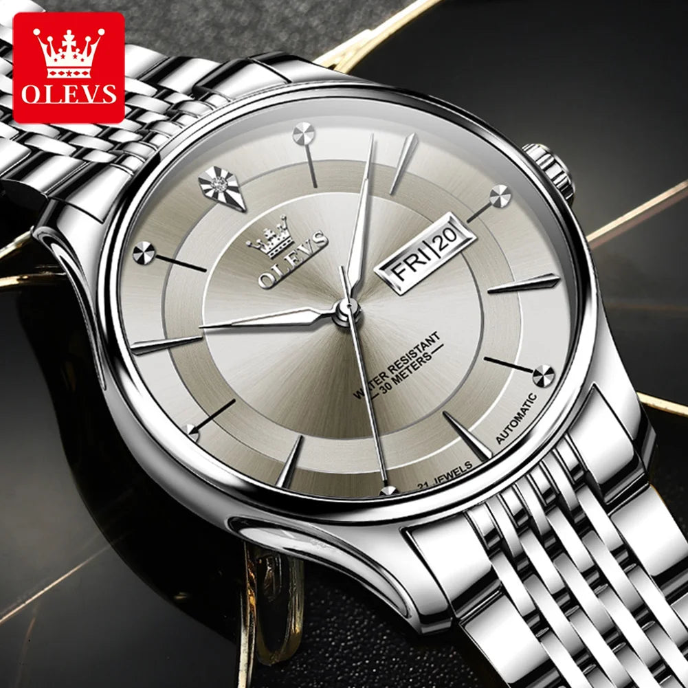 OLEVS 9927 Automatic Watch For Men Luxury Dual Calendar Original Mechanical Dress Hand Clock Waterproof Luminous Man Watches