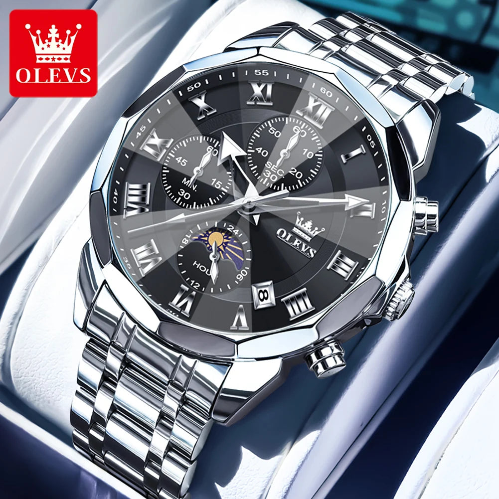 OLEVS 3675 Uhr für Herren, römische Ziffern, luxuriöses Rhombus-Spiegel-Chronograph, Herren-Armbanduhr, Mondphase, Datum, wasserdichte Quarzuhr