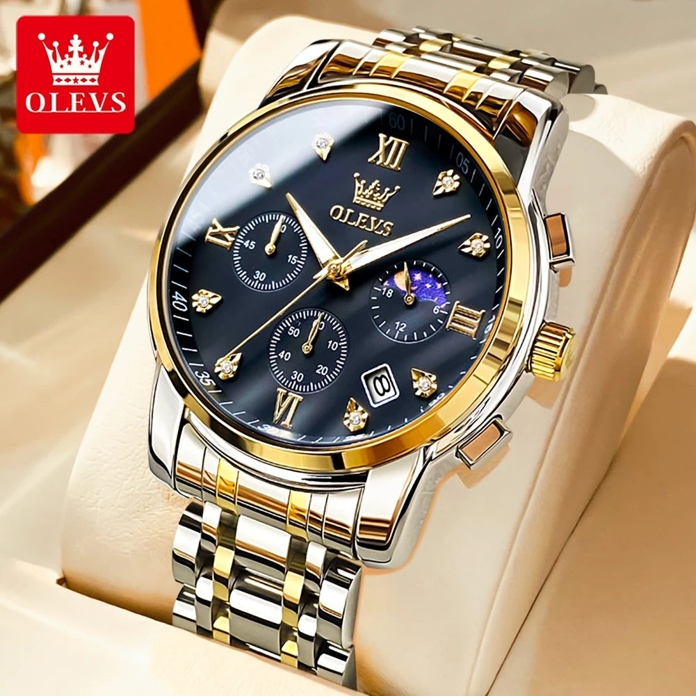 OLEVS 2858 Herrenuhr Diamantzifferblatt Mondphase Quarzuhr für Herren Edelstahl Wasserdicht Top-Marke Luxus Herren-Armbanduhr