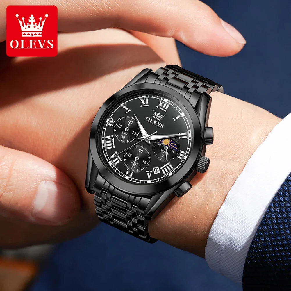 OLEVS 2871 Herrenuhr Original Kalender Mondphase Quarzuhr 30M Wasserdicht Edelstahl Herrenarmbanduhr Uhren für Herren