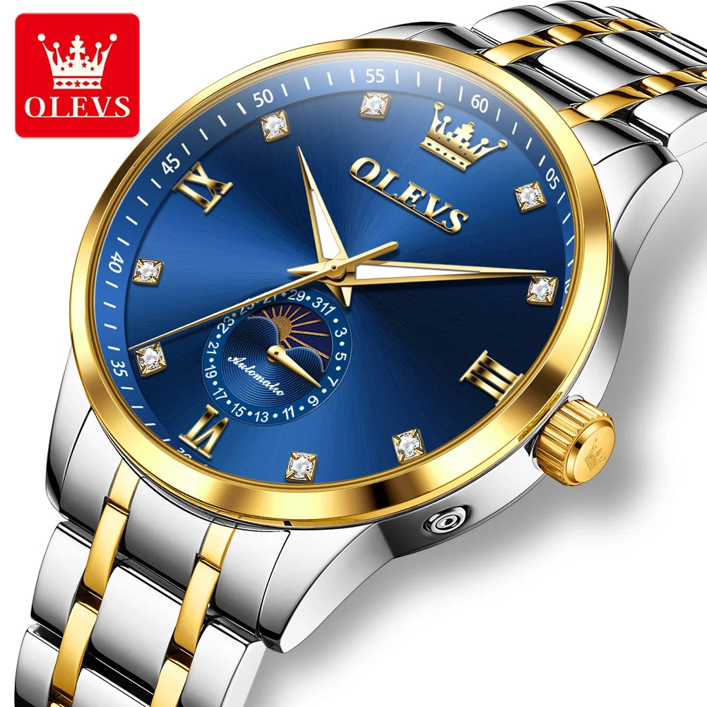 OLEVS 7041 Automatic Watch Man Moon Phase Mechanical Watch For Men Luxury Date Waterproof Business Male Hand Clock Diamond Scale