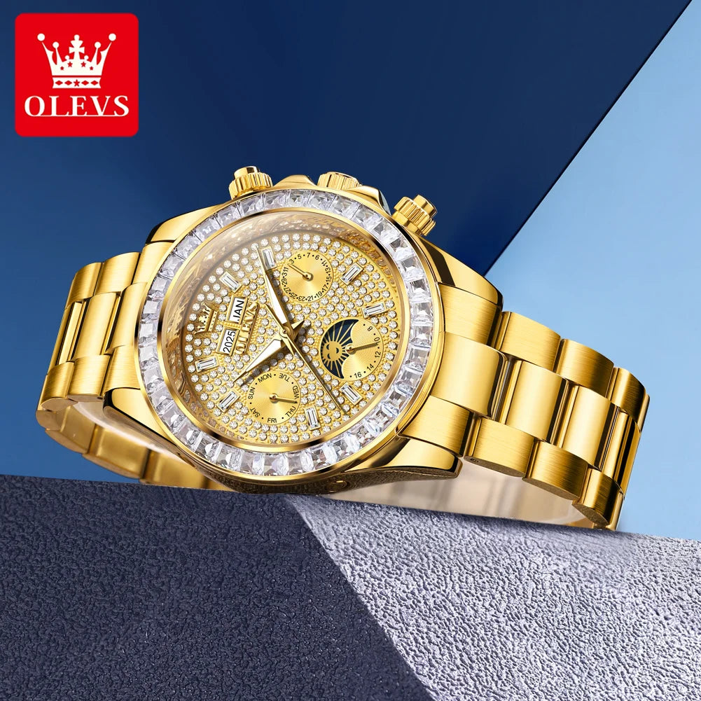 OLEVS 7038 Luxury Diamond Mechanical Watch For Men Moon Phase Auto Date Man Hand Clock 30M Waterproof Stainless Steel Men Watch