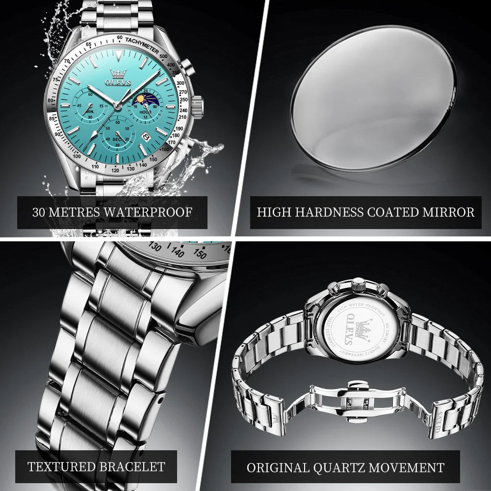 OLEVS 3618 Quarzuhr für Herren, originaler Chronograph, Mondphase, 24-Stunden-Anzeige, Armbanduhr, Edelstahl, Top-Marke Herrenuhr