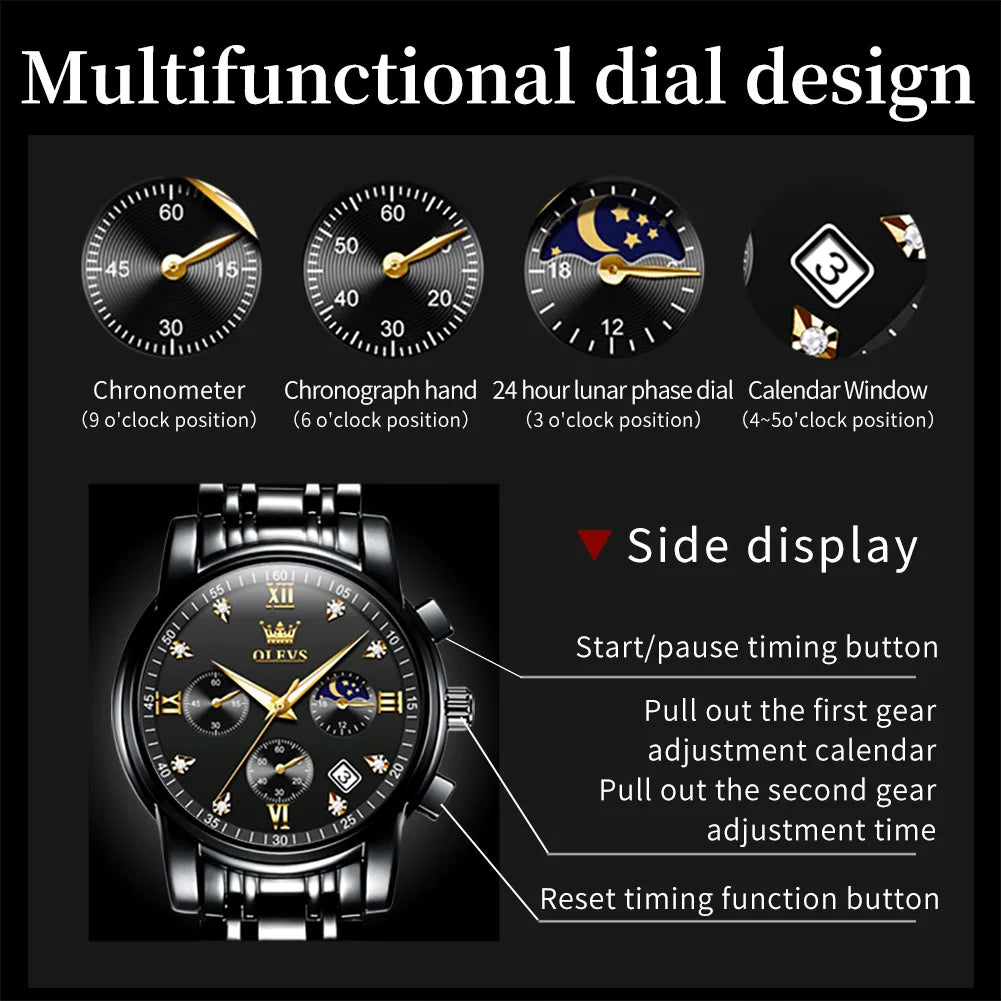 OLEVS 2858 Herrenuhr Diamantzifferblatt Mondphase Quarzuhr für Herren Edelstahl Wasserdicht Top-Marke Luxus Herren-Armbanduhr