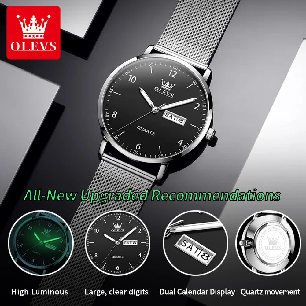 OLEVS 2996 Neue Uhren Herren Original Wochentag Quarzarmbanduhren Wasserdichte Leuchtuhren für Herren Geschenkbox Slim Reloj