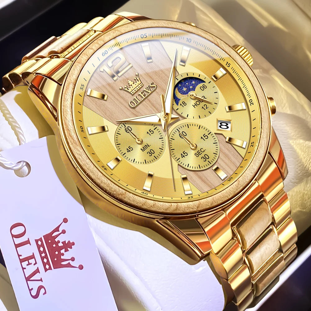 OLEVS 3645 Quarzuhr für Herren, modischer Chronograph, Stahl-Holz, 44 mm, großes Zifferblatt, Zeigeruhr, Mondphase, wasserdicht, leuchtende Herrenuhr