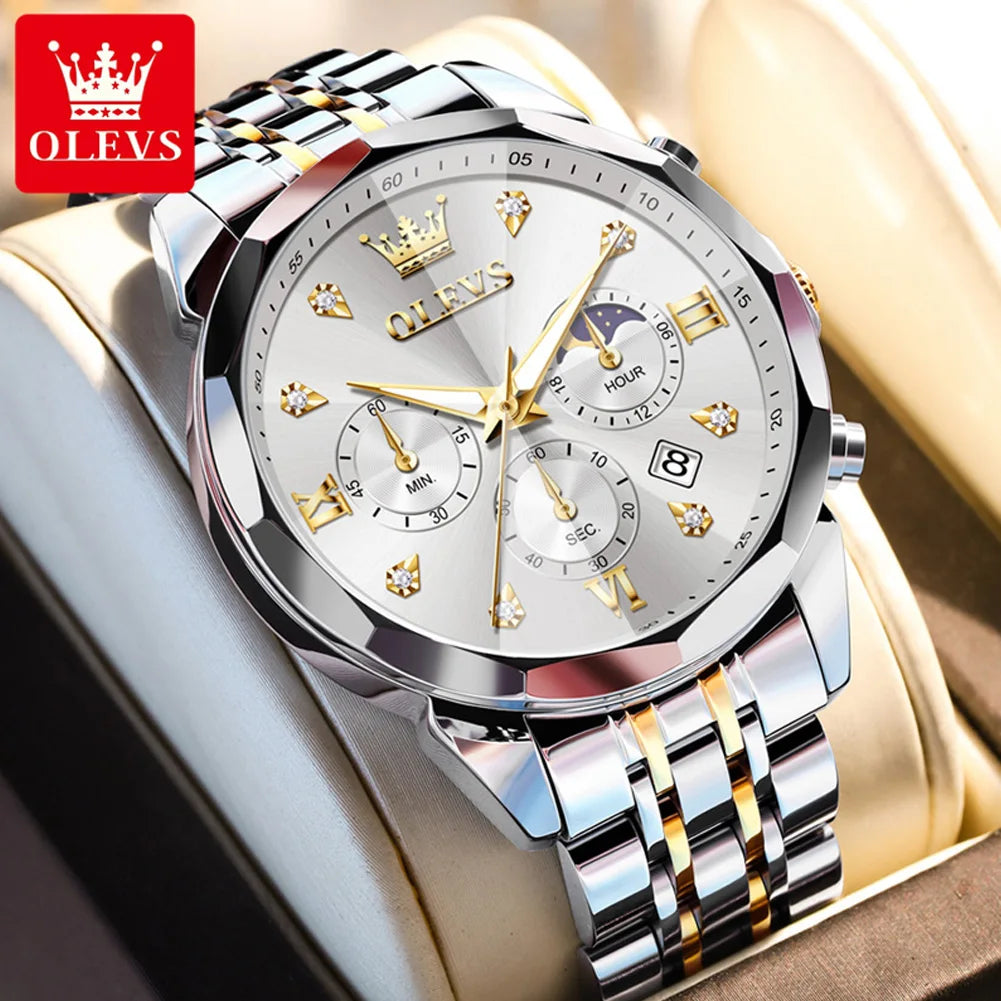 OLEVS 3670 Herrenuhr Mode Datum Mondphase Leuchtende Quarzuhr für Herren Luxus Chronograph Wasserdicht Business-Armbanduhr