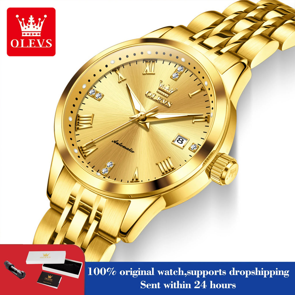 OLEVS 7062 Woman Watch  Luxury Luminous Waterproof Steel Strap Auto Date Mechanical Watches For Women Roman Scale Ladies Hand