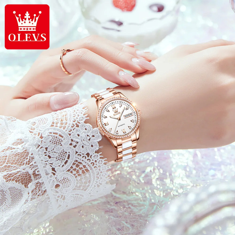 OLEVS 6637 Woman Watches Waterproof Dual Calendar Mechanical Watch For Women Original Diamond Scale Luminous Luxury Hand Clock