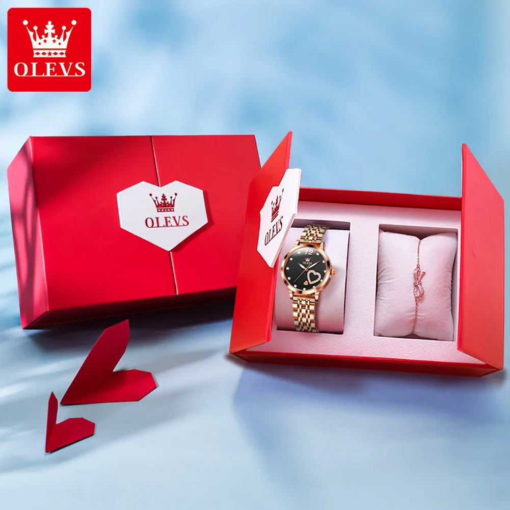 OLEVS 5189 Damenuhren Luxus Wasserdichte Quarzuhr für Damen Leuchtende Edelstahl Herzform Einfaches Zifferblatt Zeiger Uhr