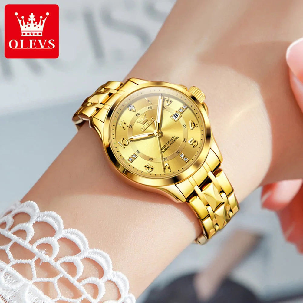 OLEVS 2910 Quarzuhr für Damen Edelstahl Wasserdicht Kalender Luxus Damenuhr Zifferblatt mit Nummernskala Damenuhren