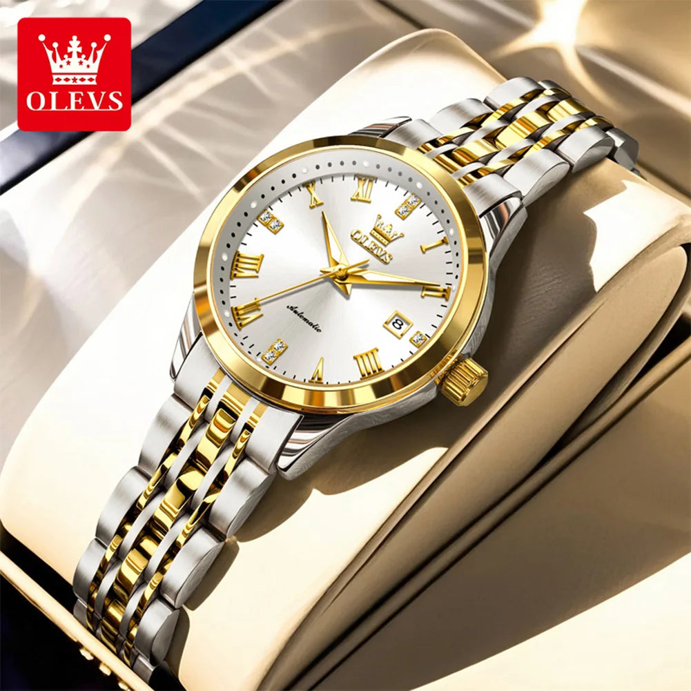 OLEVS 7062 Woman Watch  Luxury Luminous Waterproof Steel Strap Auto Date Mechanical Watches For Women Roman Scale Ladies Hand