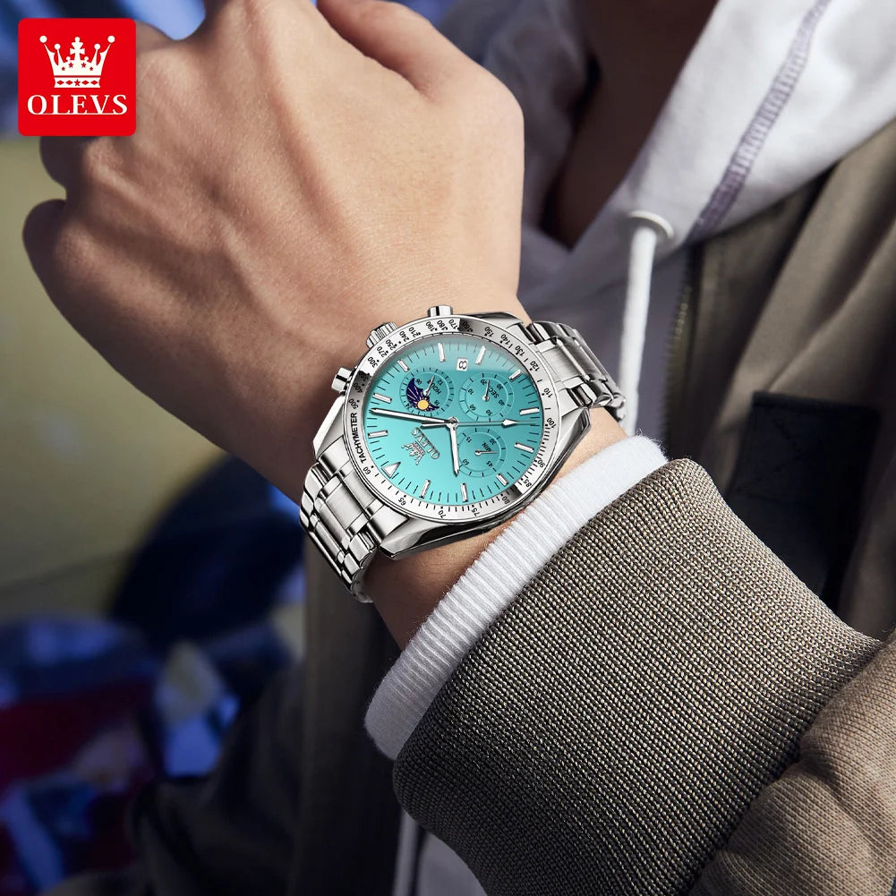 OLEVS 3618 Quarzuhr für Herren, originaler Chronograph, Mondphase, 24-Stunden-Anzeige, Armbanduhr, Edelstahl, Top-Marke Herrenuhr