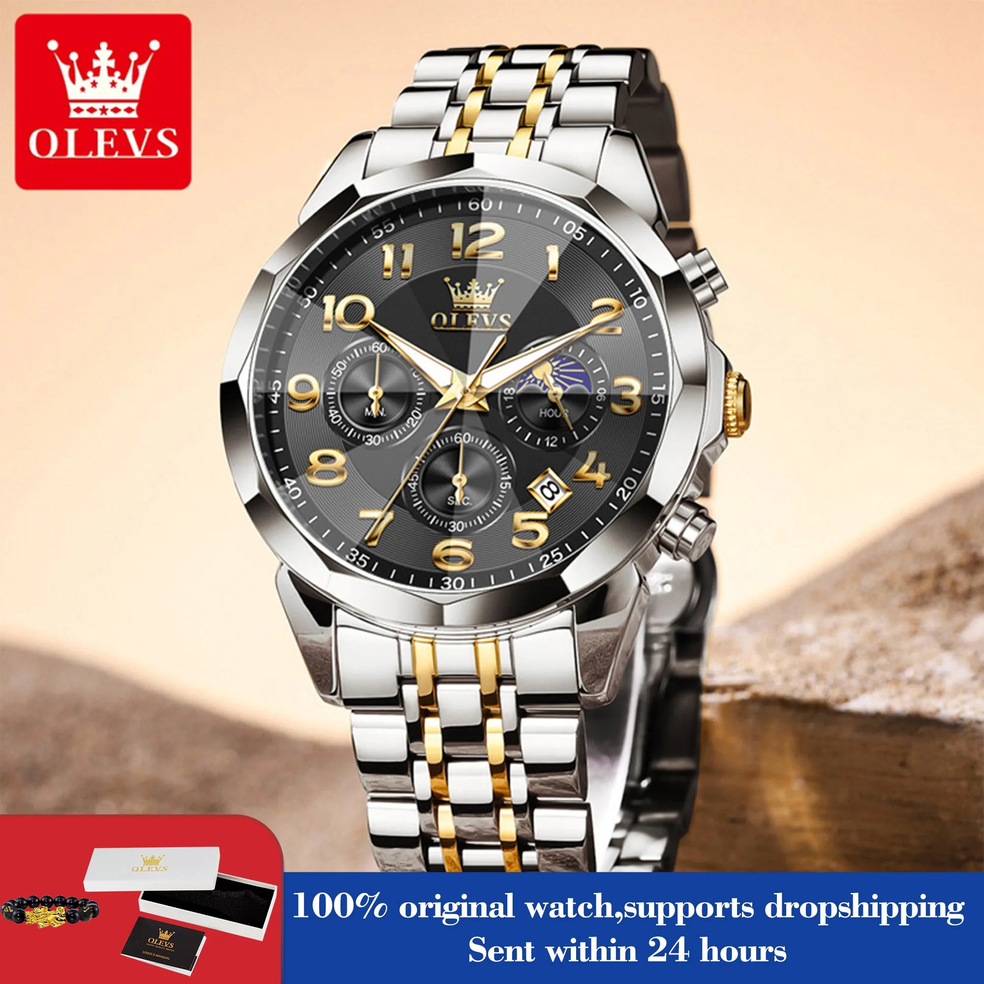 OLEVS 3676 Herrenuhr Top Marke Ziffernskala Quarzuhr für Herren 43mm Großes Zifferblatt Chronograph Wasserdicht Mode Herrenarmbanduhr