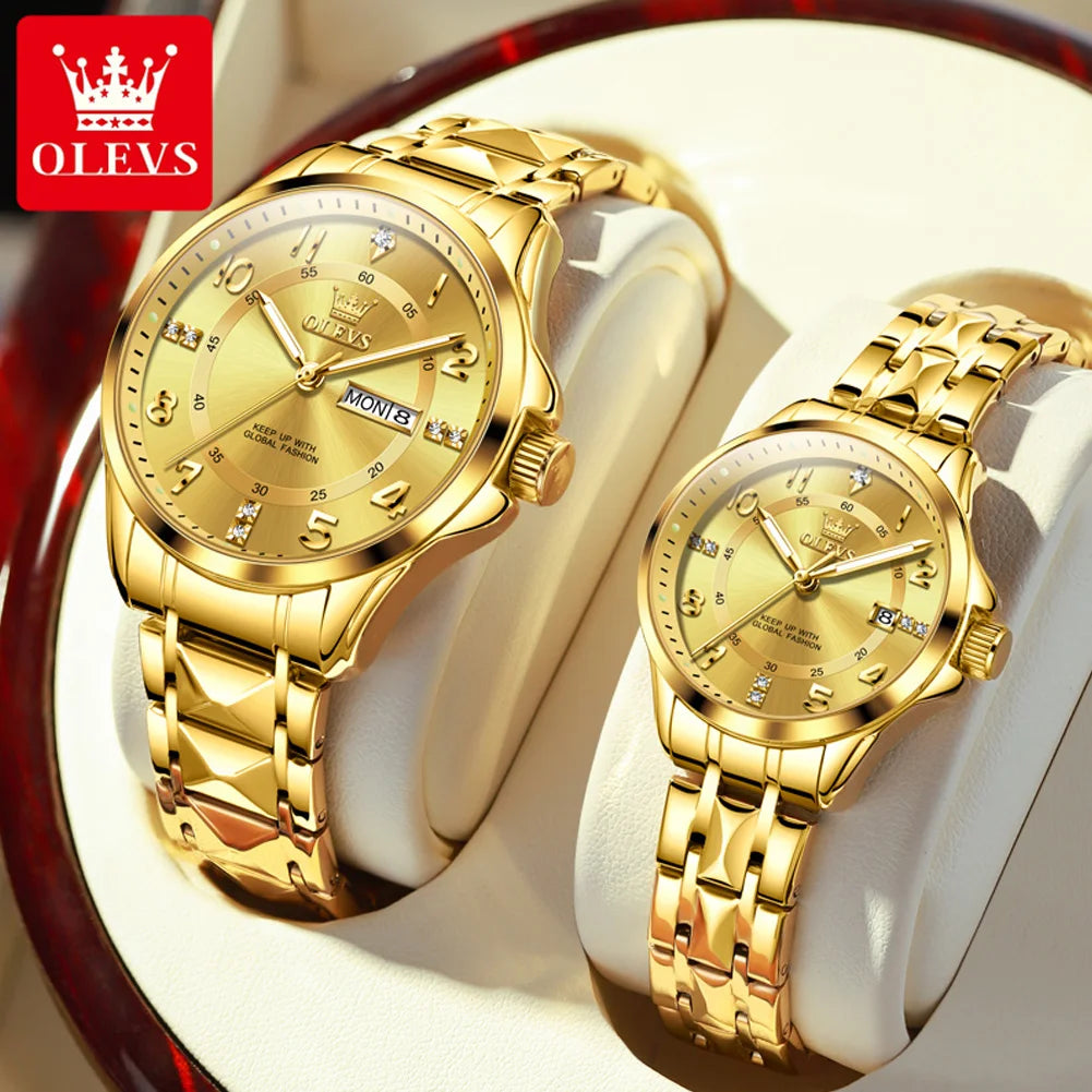 OLEVS 2910 Uhr für Herren und Damen, Luxuriöse Quarz-Paaruhren, Wasserdichte Edelstahl-Armbanduhr mit Diamant-Zifferblatt