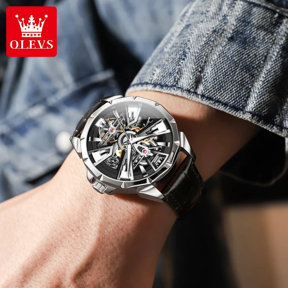 OLEVS 7051 Watch For Men Fashion Hollow Automatic Mechanical Male Hand Clock Waterproof Luminous Original Sport Man Watches