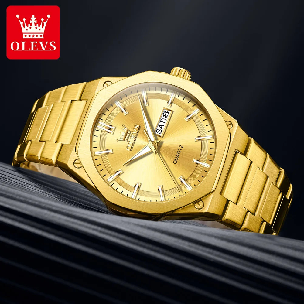 OLEVS Erkek Kol Saatleri Kuvars Saatler Su Geçirmez Işıklı Haftalık Tarih Paslanmaz Çelik Lüks Altın Saatler Erkekler İçin Reloj 3733
