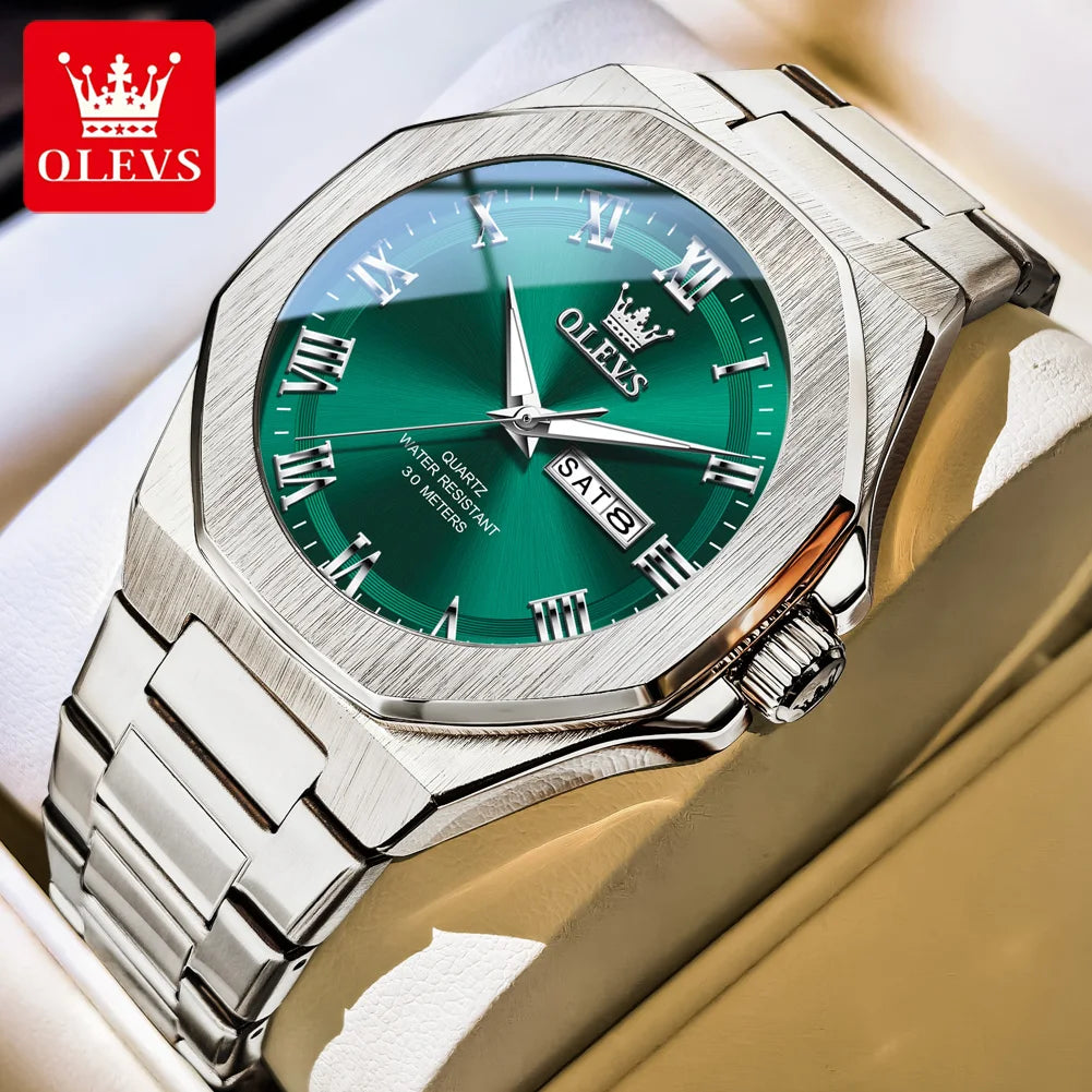 OLEVS 3727 Mens Watches Waterproof Luminous Week Date Quartz Watches Stainless Steel Luxury Watches For Men High Quality Reloj