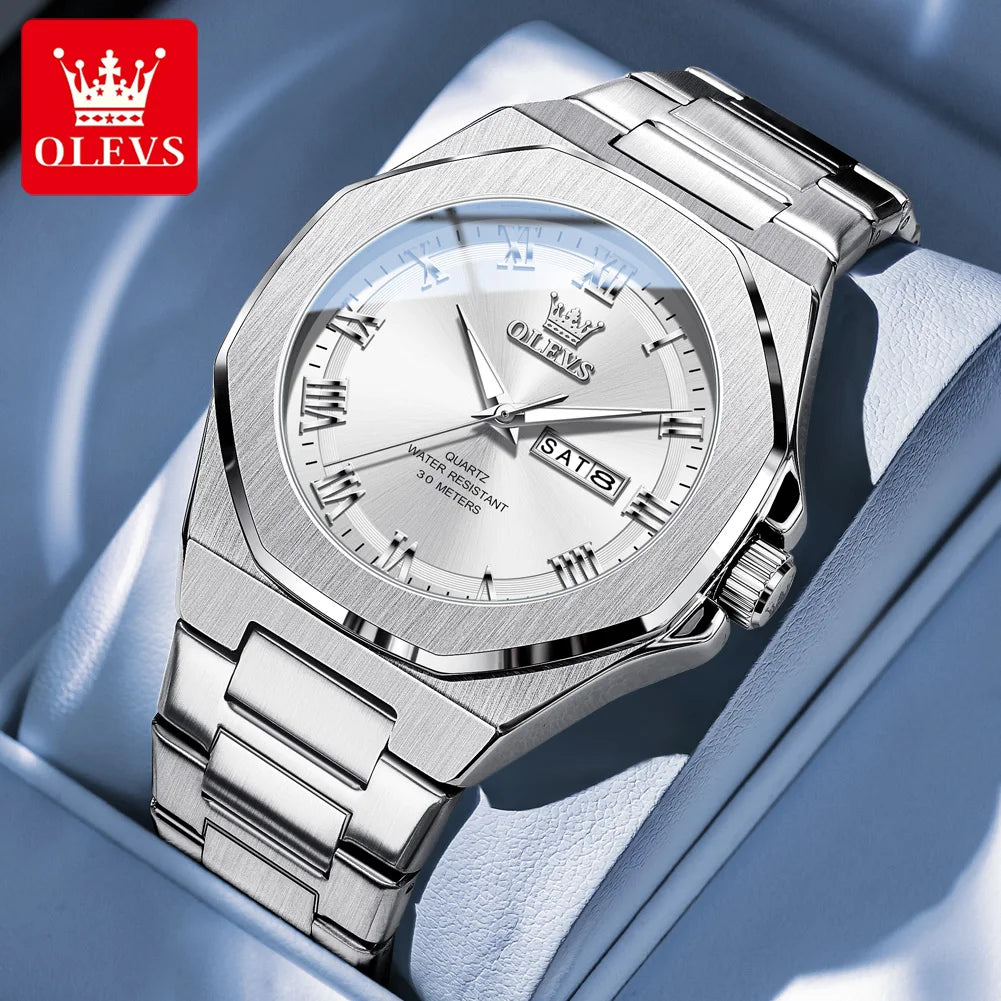 OLEVS 3727 Herrenuhren Wasserdicht Leuchtend Wochentag Datum Quarzuhr Edelstahl Luxusuhren für Männer Hochwertige Uhr